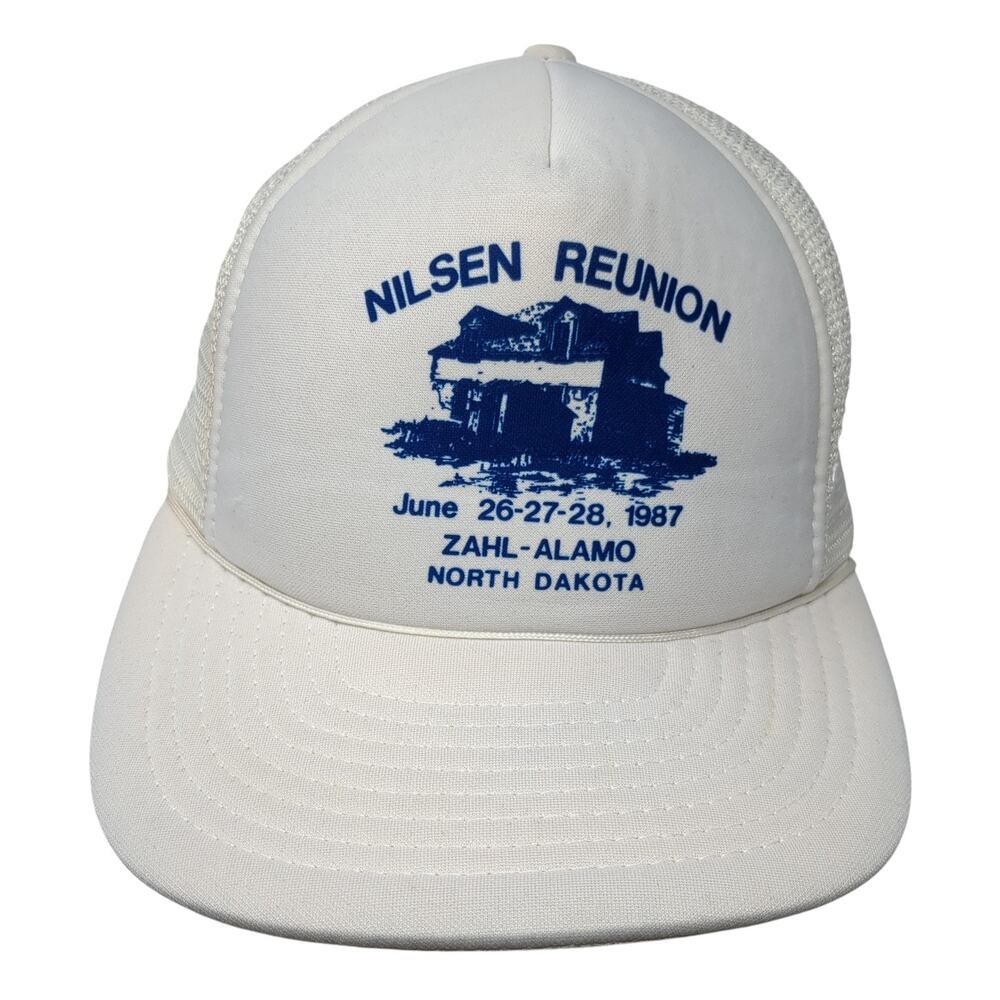 Nilsen Reunion Snapback Trucker Hat White OS 1987 Vintage 80s Mesh Back Speedway